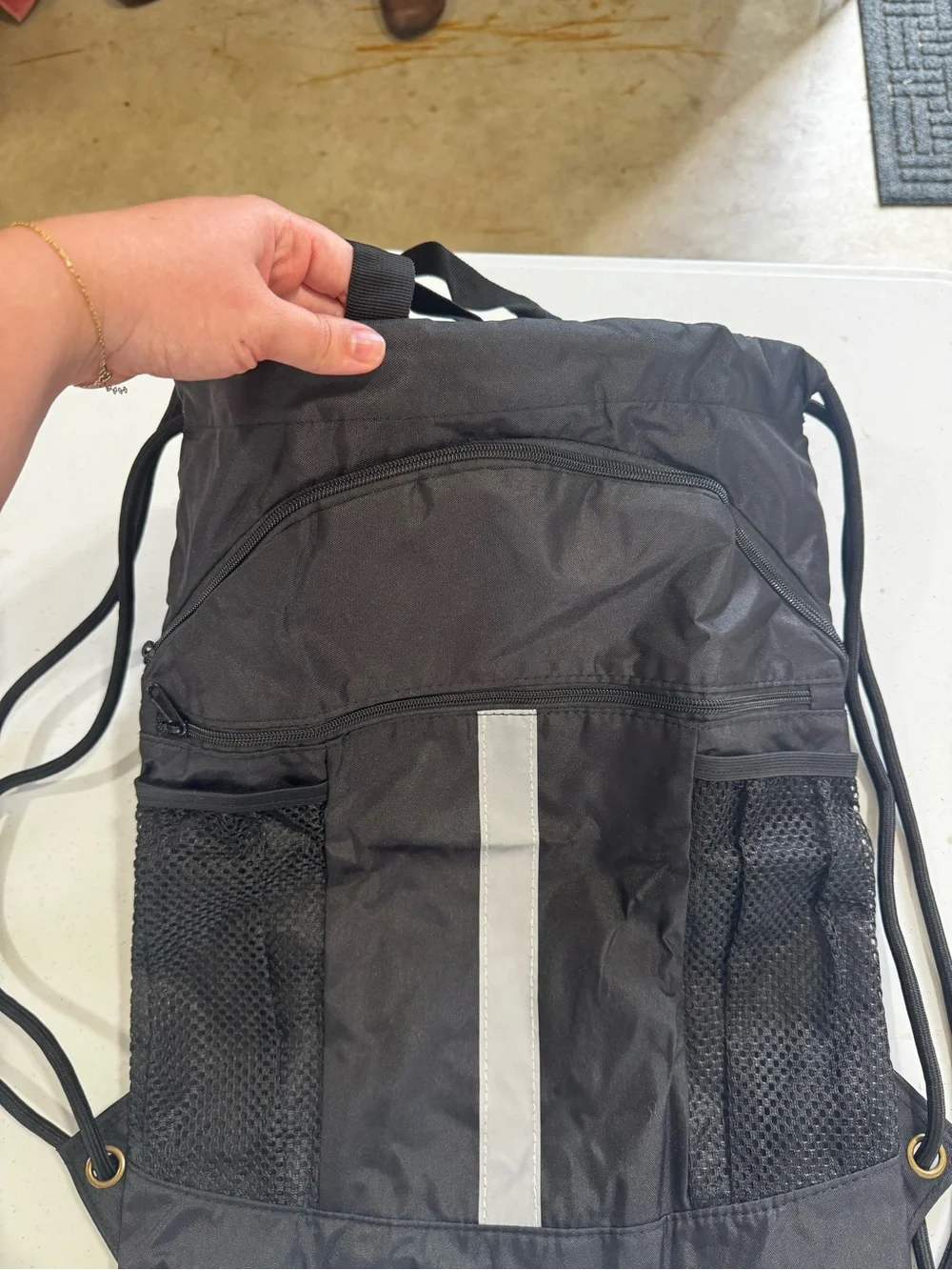 Black Drawstring Gym Backpack with Reflective Stripe